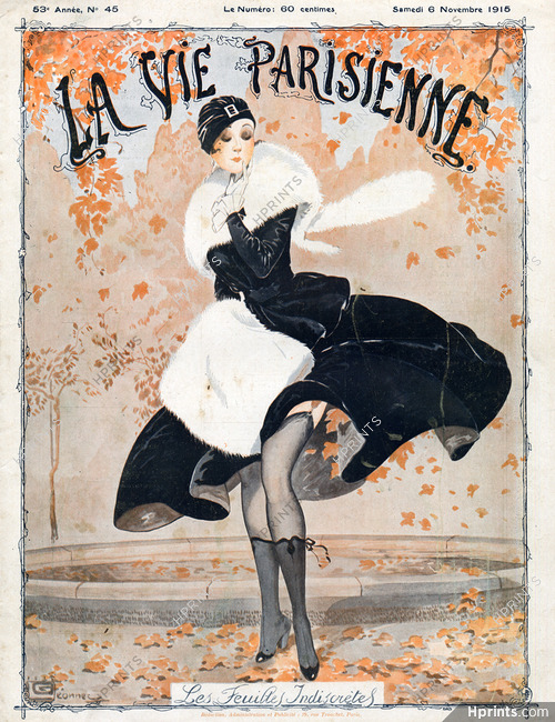 Georges Léonnec 1915 "Les Feuilles Indiscrètes" Elegant, Autumn Leaves, Stockings Hosiery