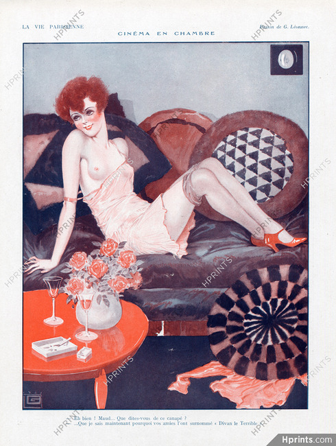 Georges Léonnec 1927 "Cinéma en Chambre" Sexy Girl, Topless