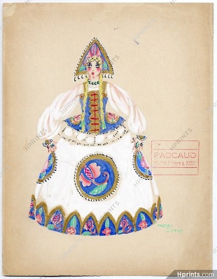 Freddy Wittop 1930s, Original Costume Design, Russian Doll, Gouache, Folies Bergère, Traditional Costume