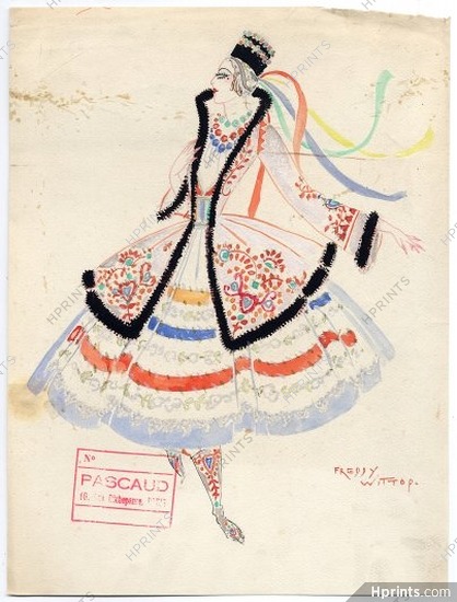 Freddy Wittop 1930s, Original Costume Design, Gouache, Folies Bergère, Traditional Costume