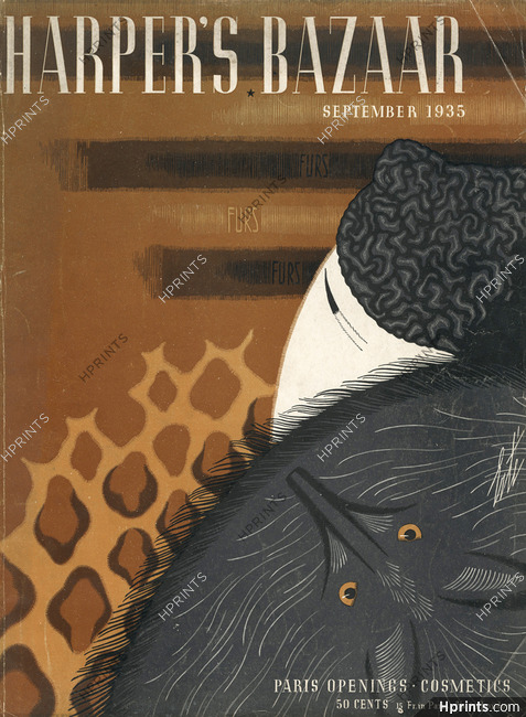 Erté 1935 "Furs Cover" toque black astrakhan, by Suzy, Fox Animals, Art Deco Style