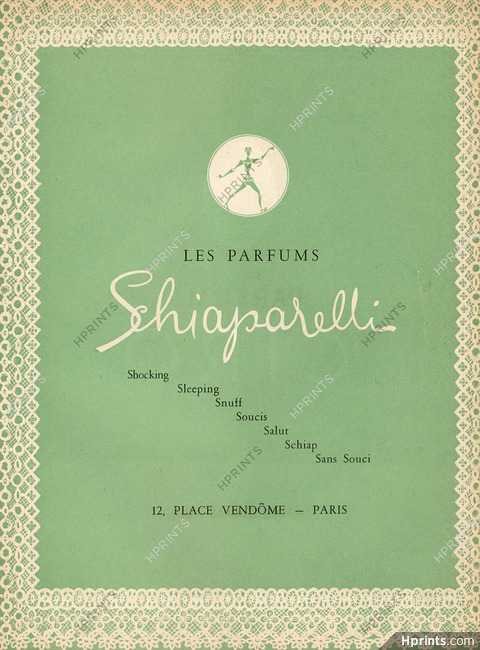 Schiaparelli (Perfumes) 1945 Shocking, Sleeping, Snuff, Soucis, Salut, Schiap, Sans Souci