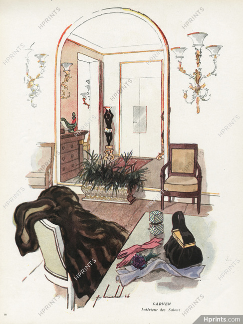 Carven (Handbag, Fur Coat, Perfume, gloves) 1947 "Intérieur des salons" Decorative Arts, Pierre Louchel