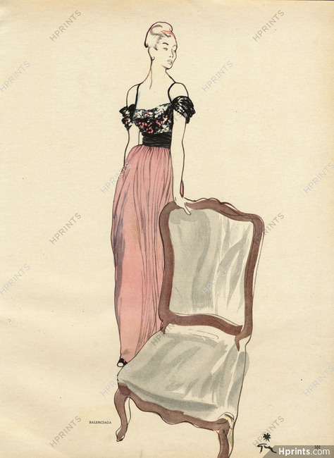 Balenciaga 1947 Embroidery Evening Gown, René Gruau