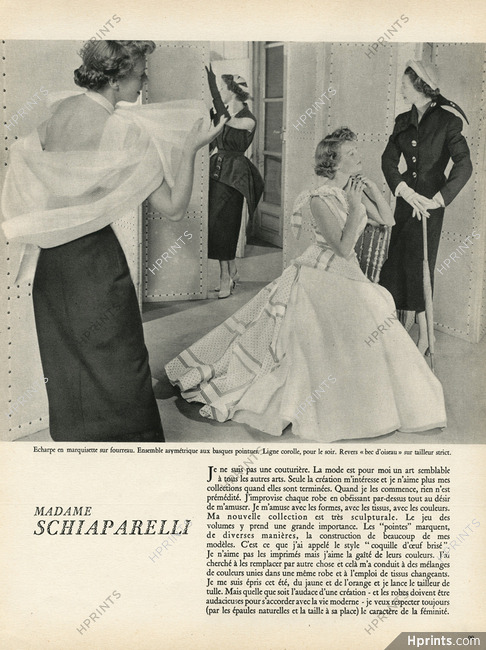 Madame Schiaparelli, 1949 - Ligne Corolle & Bec d'oiseau, Texte par Elsa Schiaparelli