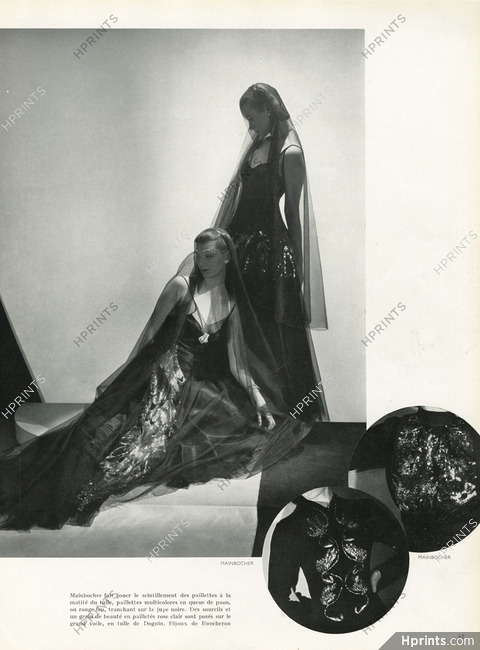 Mainbocher 1937 Tulle, Paillettes Dognin, Lace Embroidery, Evening Gown