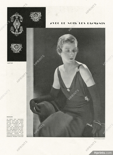 Cartier (Clips, Brooch, Handbag) 1930 Redfern black Dress, Photo George Hoyningen-Huene