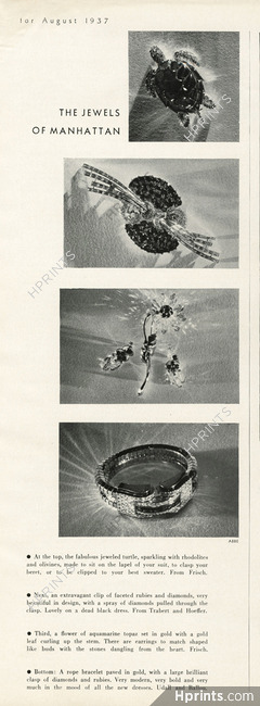 Udall And Ballou (bracelet) Frisch (turtle, earrings) Trabert and Hoeffer (clip rubies) 1937
