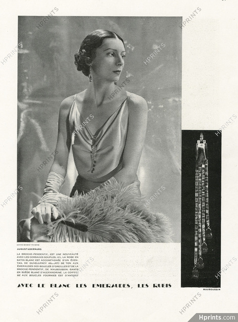 Mauboussin 1930 Earrings, Pendant Brooch Emeralds, Dress Augustabernard, Hand Fan, Duvelleroy, Photo George Hoyningen-Huene