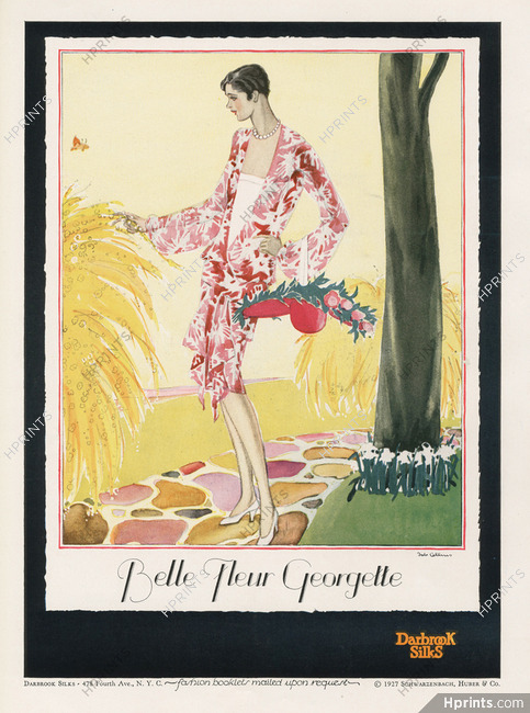 Darbrook Silks 1927 "Belle Fleur Georgette" Summer Dress, Fashion illustration by Collins