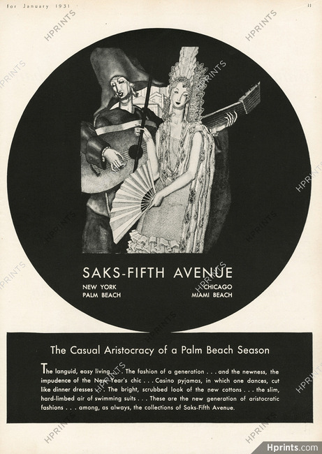 Saks Fifth Avenue 1931 "The Casual Aristocracy of a Palm Beach Season" Jean Dupas, Dinner Dress, Musician
