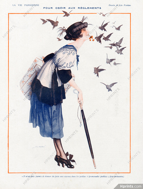 Léo Fontan 1918 "Pour obéir aux règlements" Birds, Elegant Parisienne