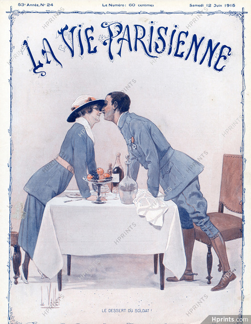 Louis Vallet 1915 "Le Dessert du Soldat" Lovers, Kiss