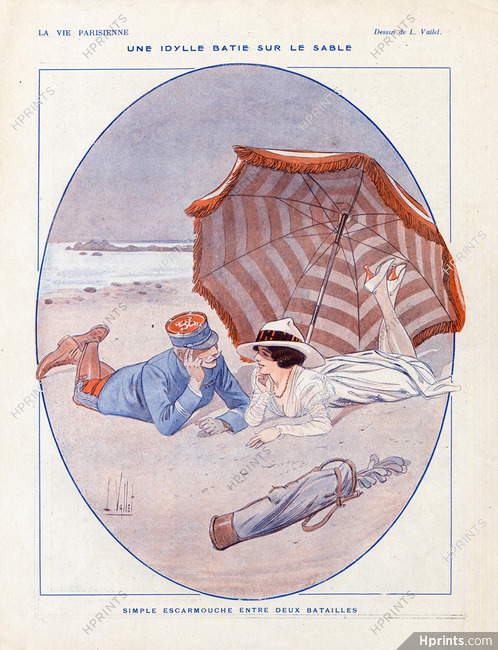 Louis Vallet 1916 "Une Idylle batie sur le sable" Golfeuse, Soldier, Lovers, Beach