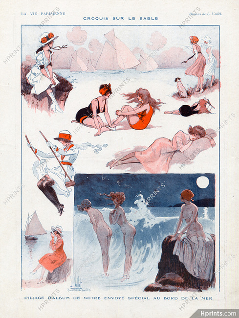 Louis Vallet 1920 ''Croquis sur le Sable'' Quiberville Moonlight swimmers
