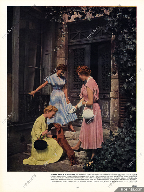 Jeunes filles 1952 Christian Dior, Carven, Pierre Balmain, Teckel dog