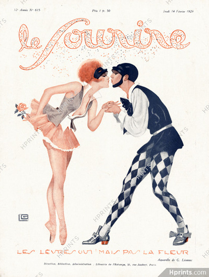 Leonnec 1929 Colombine & Harlequin, Fancy Dress Ball, Carnival ballerina