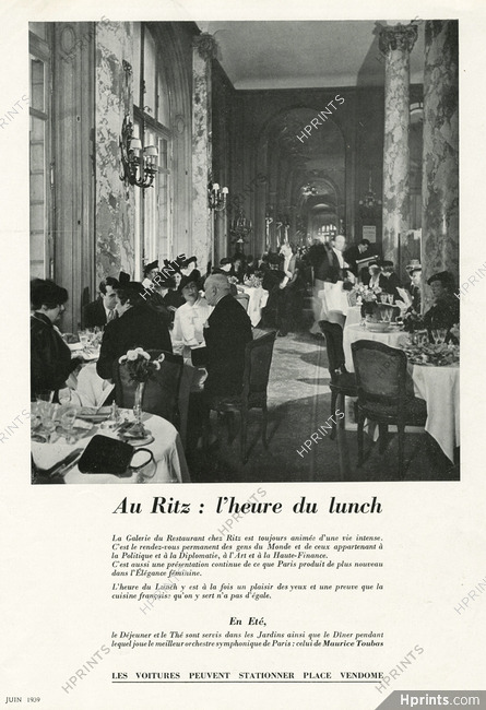 Hotel Ritz Paris 1939 "L'Heure du Lunch" La Galerie du Restaurant