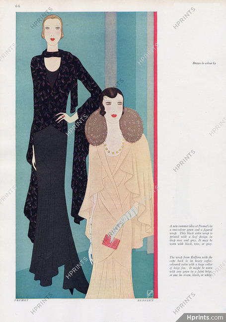 Reynaldo Luza 1930 Premet, Redfern, Black Satin Evening Gown, Cape collar of beige fox