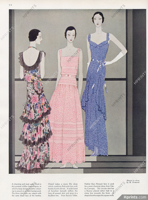 Marcel Fromenti 1930 Milgrim, Chanel, Hattie Carnegie, Evening Dresses, Printed Chiffon, Alençon Lace