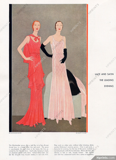 Malaga Grenet 1931 Mainbocher, Molyneux, Evening Gown, Velvet Ribbon Belt, Lace and Satin