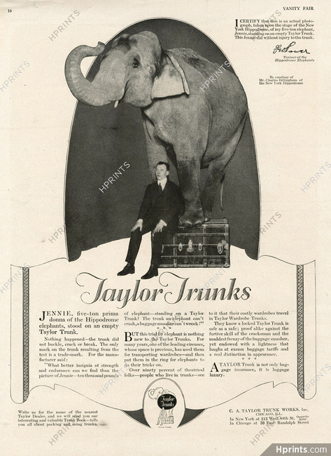 Taylor Trunk (Luggage) 1920 New York Hippodrome, with Jennie, a Power’s Dancing Elephant