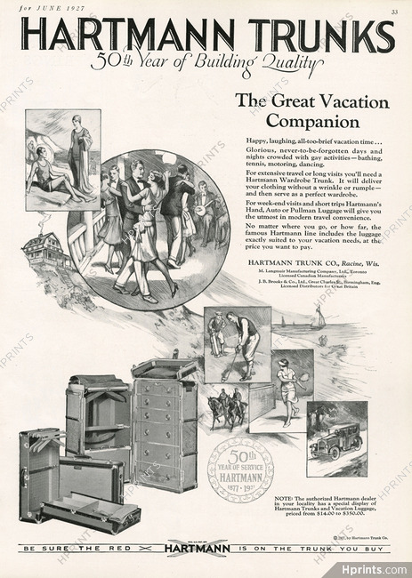1927 Hartmann Luggage Trunk Ad ~ Fiftieth Year, Vintage Clothing