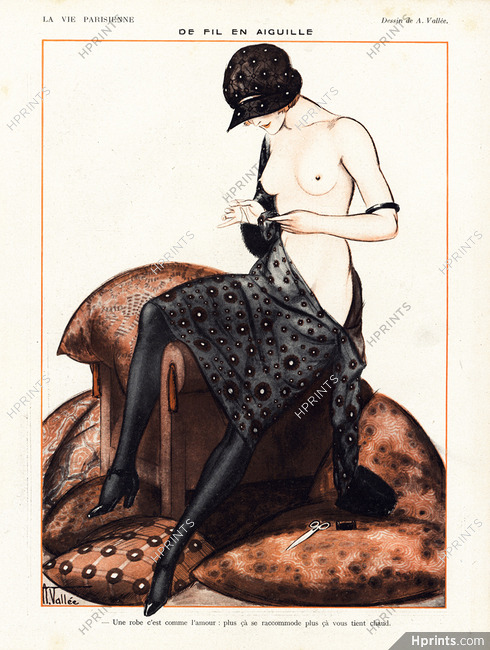 Armand Vallée 1921 "De Fil en Aiguille" Nude woman mending her dress