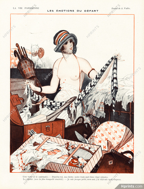 Armand Vallée 1921 "Les Emotions du Départ" Luggage, Hatbox, Sexy Girl Topless