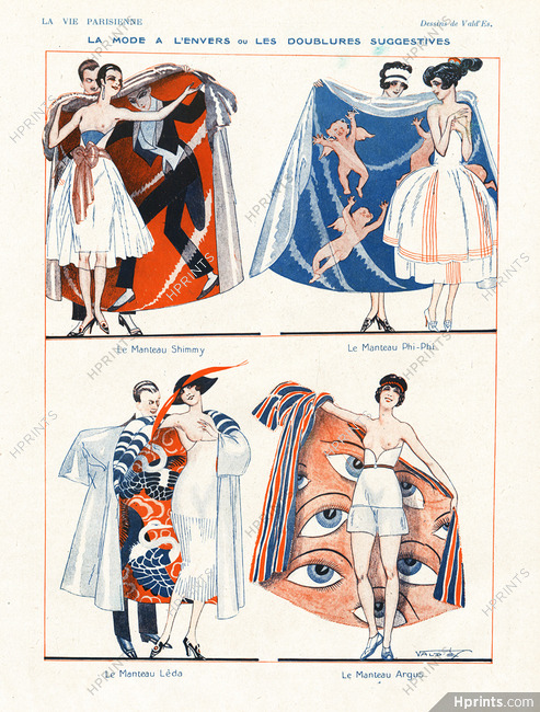 Vald'Es 1921 "La Mode à l'Envers ou les doublures suggestives" Les Manteaux Shimmy, Phi-Phi, Léda, Argus