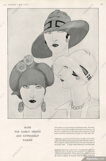 Marie Alphonsine, Caroline Reboux 1927 Fashion Illustration, Art Deco, Hats, Spanish Sombrero...
