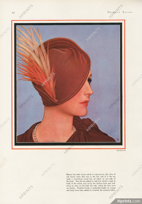 Caroline Reboux 1931 Dynevor Rhys, Velvet Brown, Paradise Orange and Beige