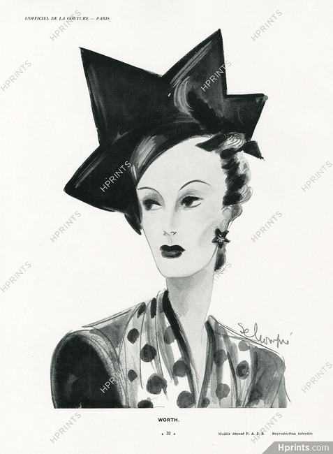 Worth 1938 Schompré, Fashion Illustration Hat