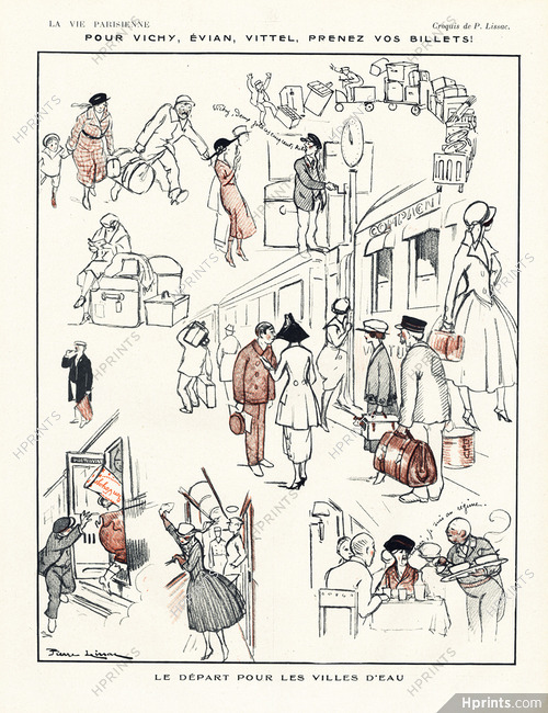 Pierre Lissac 1921 ''Le départ pour les Villes d'Eau'' Vichy, Evian, Vittel... Train Comic Strip