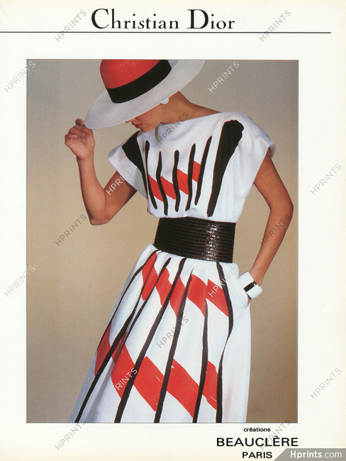 Christian Dior 1983 Robe imprimée, Blanc, rouge, noir, Beauclère, Summer Dress