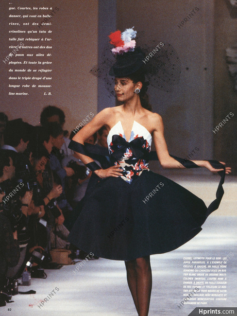 Chanel 1987 "Jupes paraboles" En faille Noire, bustier blanc brodé de dessins multicolores, Gandini, Montex
