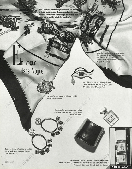 Hermes (Carre) Schiaparelli (Broche "Oeil" Cocteau) Dior (Broche Strass) Pendants 1986