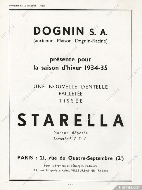 Dognin 1934 "Starella" Embroidery lace, 21 rue du 4 Septembre