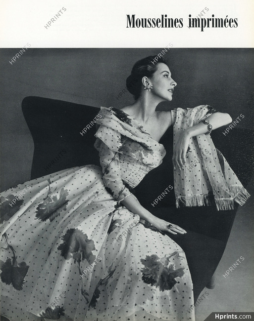 Nina Ricci 1953 Echarpe drapée, mousseline imprimée, Ducharne, Photo Pottier