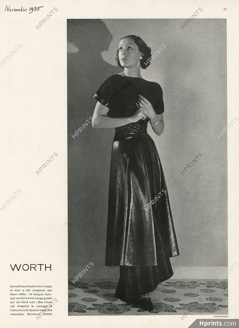 Worth 1935 Taffetas double face, Longue tunique en forme, Rouge sur fond noir