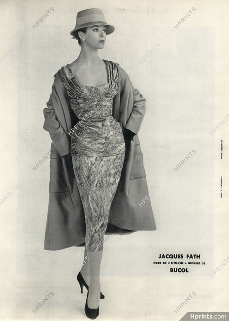 Jacques Fath 1955 Robe imprimée, drapée, Bucol, Photo