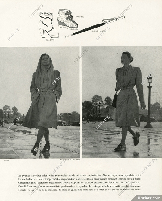 Hermès (Couture) & Marcelle Chaumont 1946 Manteau à capuchon, Raincoat, Photo Roger Schall