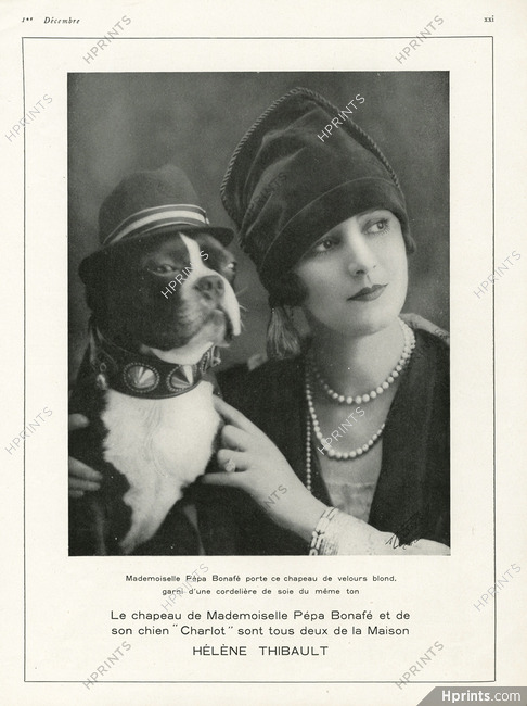 Hélène Thibault (Millinery) 1926 Velvet Hat, Pépa Bonafé, French Bulldog, dog collar, collier de chien