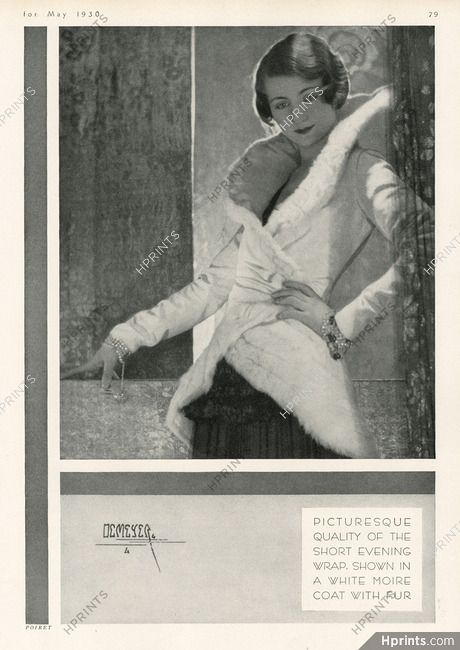 Paul Poiret 1930 Short evening wrap, White moire, coat with fur, Photo Demeyer