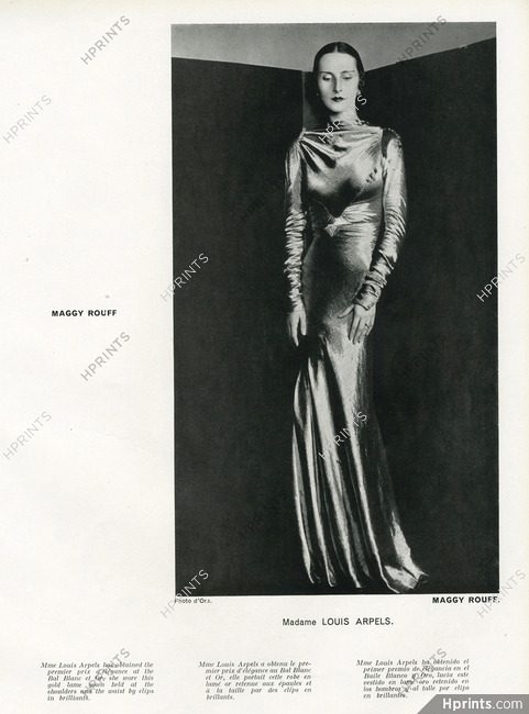 Maggy Rouff 1934 Mrs Louis Arpels, Gold lame, Clips Shoulders, Evening Gown, Photo Madame D'Ora