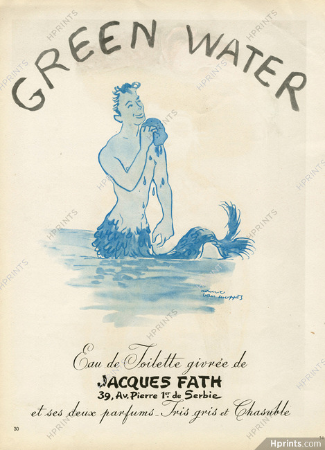 Jacques Fath (Perfumes) 1953 "Green Water for Men" Maurice Van Moppès, Triton Mythologie