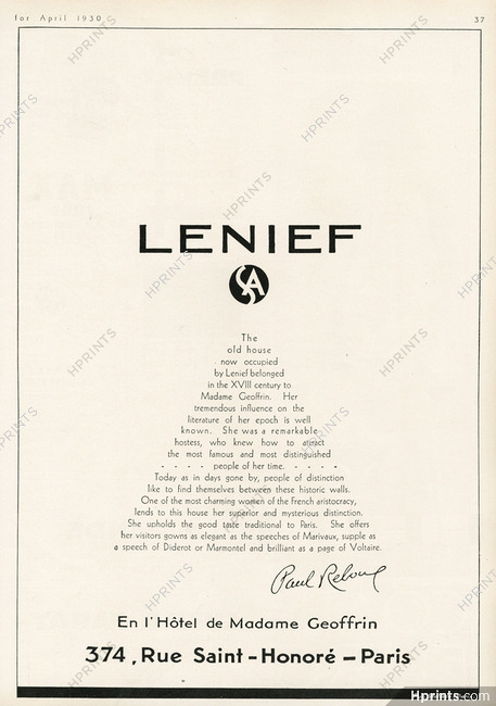 Alfred Lenief (Couture) 1930 En l'Hôtel de Madame Geoffrin, 374 rue Saint Honoré, Paris, Texte Paul Reboux
