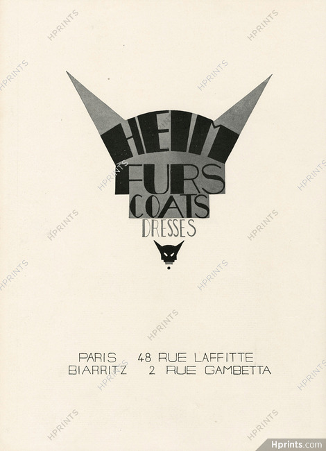 Jacques Heim 1930 Furs, Coats, Dresses, Label, 48 rue Laffitte, Paris
