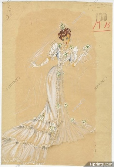 Freddy Wittop 1933, "La Mariée 1900", original costume design, gouache, Wedding Dress
