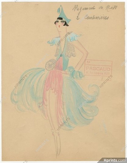 Dany 1930s, "Régiment de Miss, Couturière", Original Costume Design, Gouache, Folies Bergère, Chorus Girl